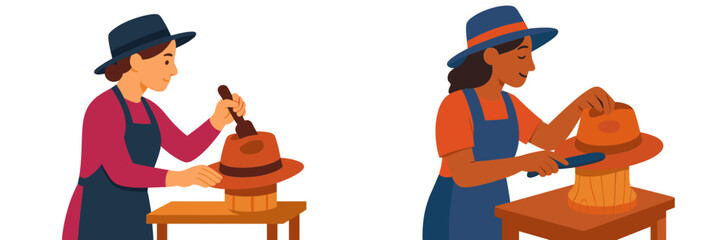 Women crafting hats in a workshop, showcasing traditional hat making techniques during daylight hours