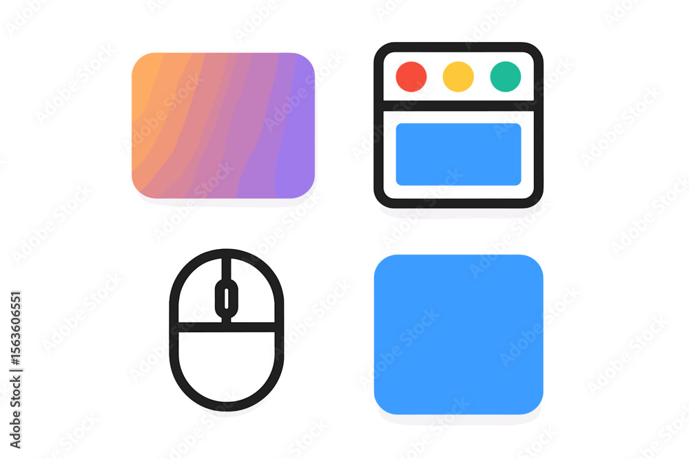 Poster abstract design featuring colorful shapes and a computer mouse near a window interface layout