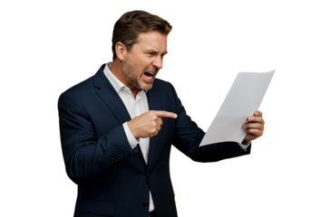 A businessman pointing angrily at a document on transparent background 