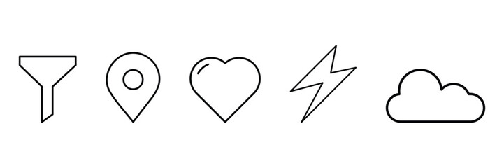 Filter location heart power cloud icon set vector illustration in minimal outline style for UI symbol weather love energy design.