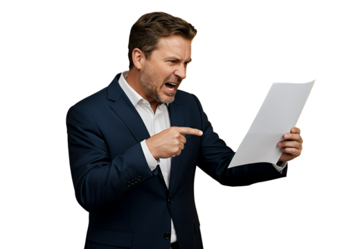 A businessman pointing angrily at a document on transparent background 