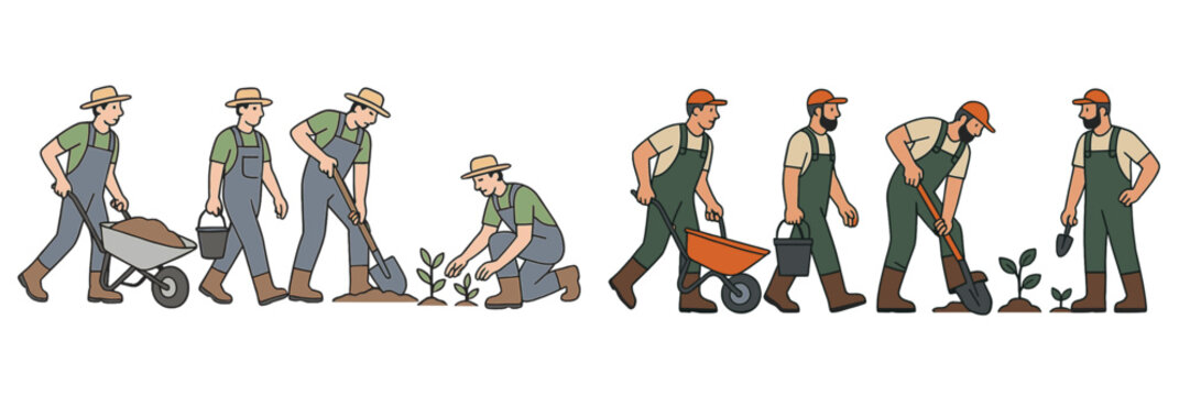 Gardeners planting and caring for young plants in a community garden on a sunny day - Powered by Adobe