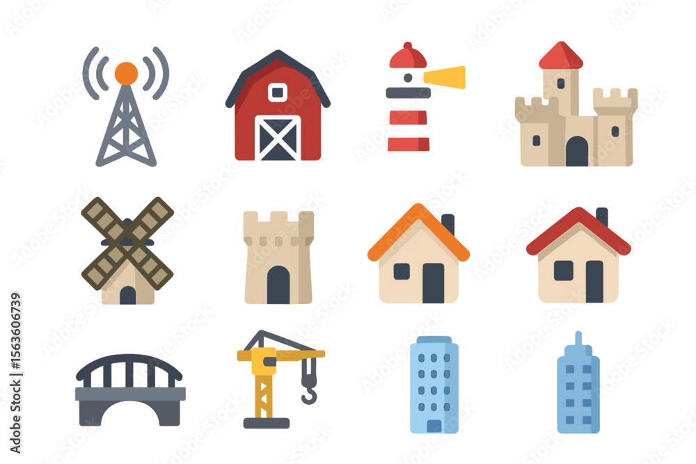 Poster various building and structure icons illustrating different types of architecture and landmarks in a