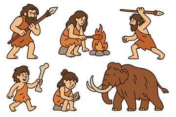 Prehistoric people engaged in daily activities and interactions with a mammoth in a stone age setting