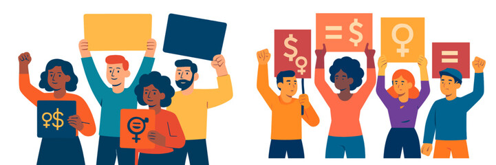 People gather in support of gender equality and fair wages during a protest in a vibrant urban setting on a sunny afternoon