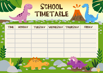 Printable A4 School Timetable with cute Dinosaurs for kids and students © Trayana