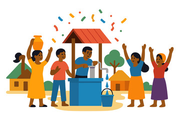 Community celebration around a water well in a village with joyful people engaged in a shared moment of happiness and gratitude