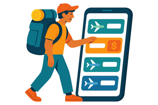 Traveler using smartphone to book flight while carrying backpack, illustrating modern travel planning