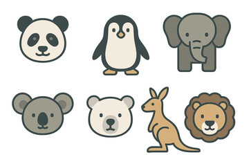 Colorful cartoon animal faces featuring panda, penguin, elephant, koala, polar bear, kangaroo, and lion in a playful style