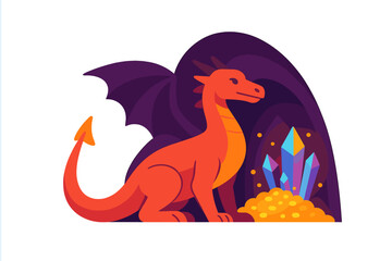 Colorful dragon guarding treasure in a mystical cave with sparkling crystals