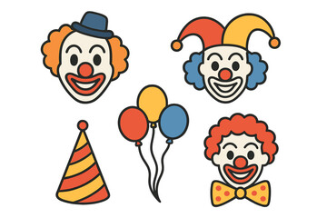 Colorful clown faces and festive elements create a cheerful atmosphere for celebrations and parties