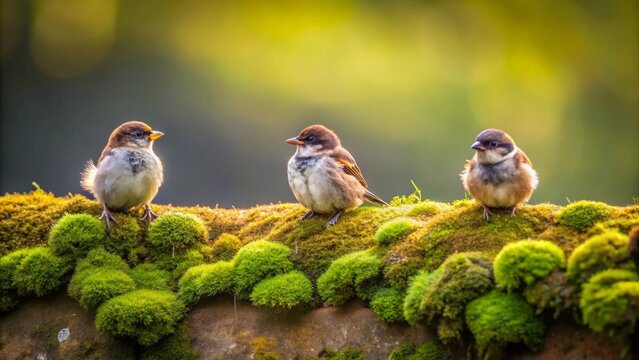 Three small birds perched on a moss-covered stone wall bathed in sunlight