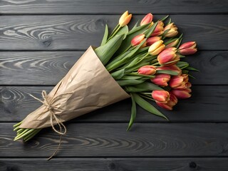 A beautiful bouquet of red and yellow tulips wrapped in brown paper tied with twine