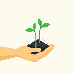 Minimalist Hand Holding Green Sprouts Illustration