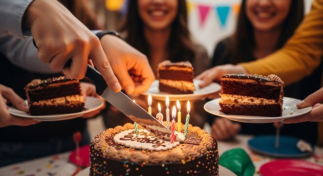 Celebrating with cake, friends cutting slices at a joyful birthday party gathering together for a fun event.