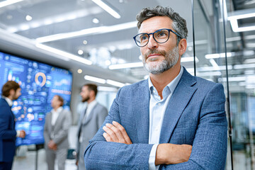 A confident businessman stands with arms crossed in a modern office, while colleagues discuss data visualizations on a digital screen in the background.