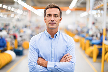 A confident man in a light blue shirt stands with crossed arms in a busy factory or industrial setting with blurred machinery in the background.