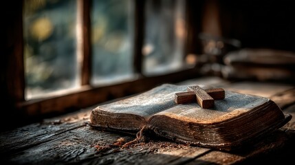 Old Bible resting on a wooden table with a cross in a dimly lit room during the early morning