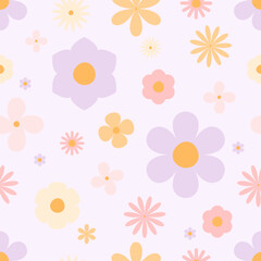 Seamless floral pattern with pastel flowers in retro style. Soft pink, yellow and lilac tones. Perfect for textile design, wallpaper, packaging and backgrounds. Vector style and flat design.