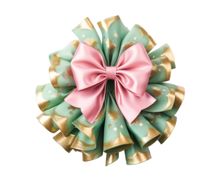 Elegant pink bow ribbon pastel green gold accents festive ornament on transparent background