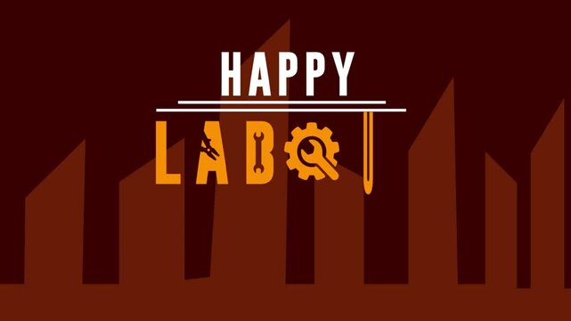 Happy Labor Day 1 May Celebration with Animated Buildings in Black Theme