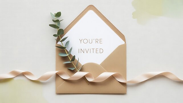 Elegant invitation with eucalyptus branch and satin ribbon on a textured background