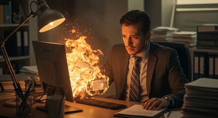 Overwhelmed businessman watches emails burn in flames on his computer screen in a dimly lit office.