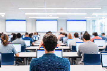 Students sit in a modern classroom, all focused on laptops, facing large screens at the front during a lecture or exam session.