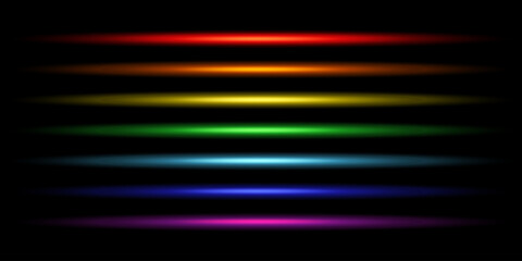 Set of glowing neon lines. Laser and luminous neon light. Yellow, orange, red, pink, blue, purple, violet, green flashes. Vector illustration on black background