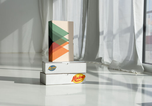 A stack of cardboard boxes ready for delivery sits on a polished floor under natural light from large windows. PSD template mockup.