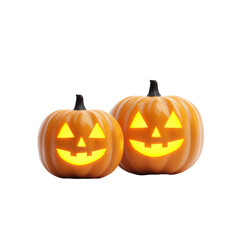 Fototapeta premium Pair of happy jack-o'-lanterns with friendly expressions and glowing interiors, radiating Halloween joy on transparent background