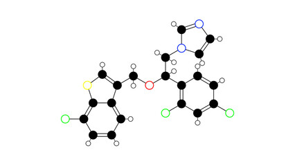 sertaconazole molecule, structural chemical formula, ball-and-stick model, isolated image antifungal