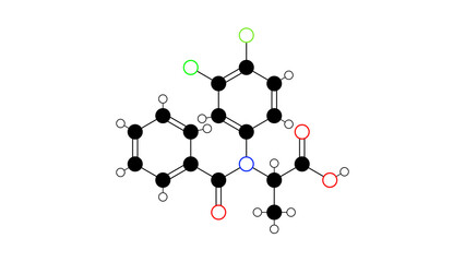 flamprop molecule, structural chemical formula, ball-and-stick model, isolated image herbicide
