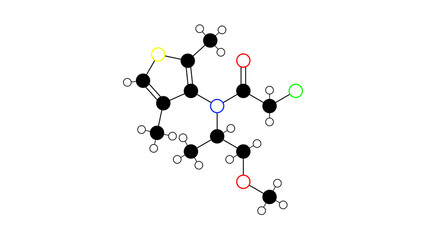 dimethenamid molecule, structural chemical formula, ball-and-stick model, isolated image herbicide