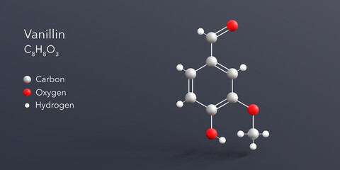 vanillin molecule 3d rendering, flat molecular structure with chemical formula and atoms color coding