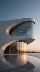 Modern Architectural Structure with Curved Glass Facade Reflecting Sunset