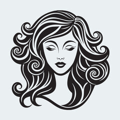 Beauty Woman Face Vector Elegant Female Portrait with Wavy Hair in Black and White Style for Salon, Fashion, and Logo Design