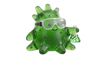 Adorable Green Virus Cartoon Character Scientist with Beaker