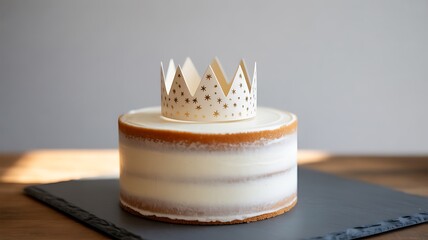 A simple naked cake adorned with a festive gold star paper crown
