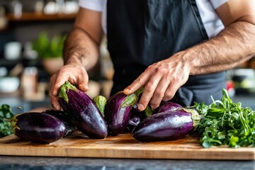Hand Selecting Fresh Eggplants on Wooden Cutting Board in Kitchen