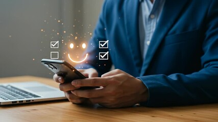 Customer Satisfaction:  Man in blue suit using smartphone with glowing checkmarks and smiley face, achieving a positive user experience.