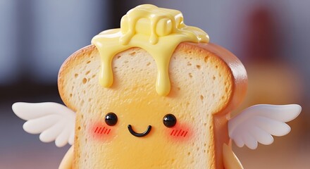 Adorable 3D Render of Buttered Toast with Wings Whimsical Food Illustration