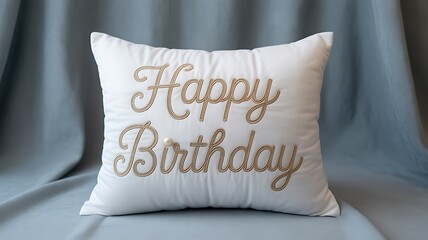 Elegant white pillow with gold happy birthday embroidery and pearl accent