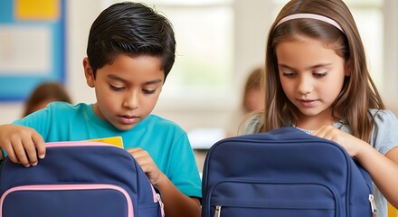 Elementary School Students Searching Backpacks Back to School
