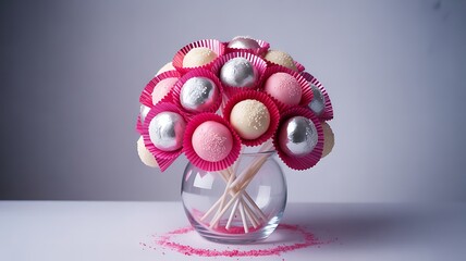 Beautiful bouquet of cake pops in pink and silver wrappers presented in a glass vase