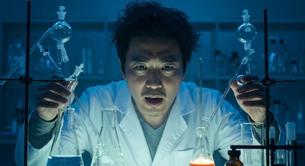 Focused scientist conducts a late-night experiment in a dimly lit laboratory, meticulously handling glassware and liquids.