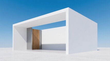 Modern White Structure with Wooden Door Under a Clear Blue Sky