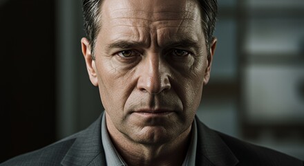 Close-up portrait of a serious, middle-aged man with intense eyes, conveying a sense of contemplation and determination.