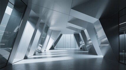 Modern Futuristic Corridor with Geometric Design and Reflective Surfaces