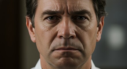 Close-up portrait of a pensive middle-aged man with a serious expression, conveying contemplation and inner conflict.